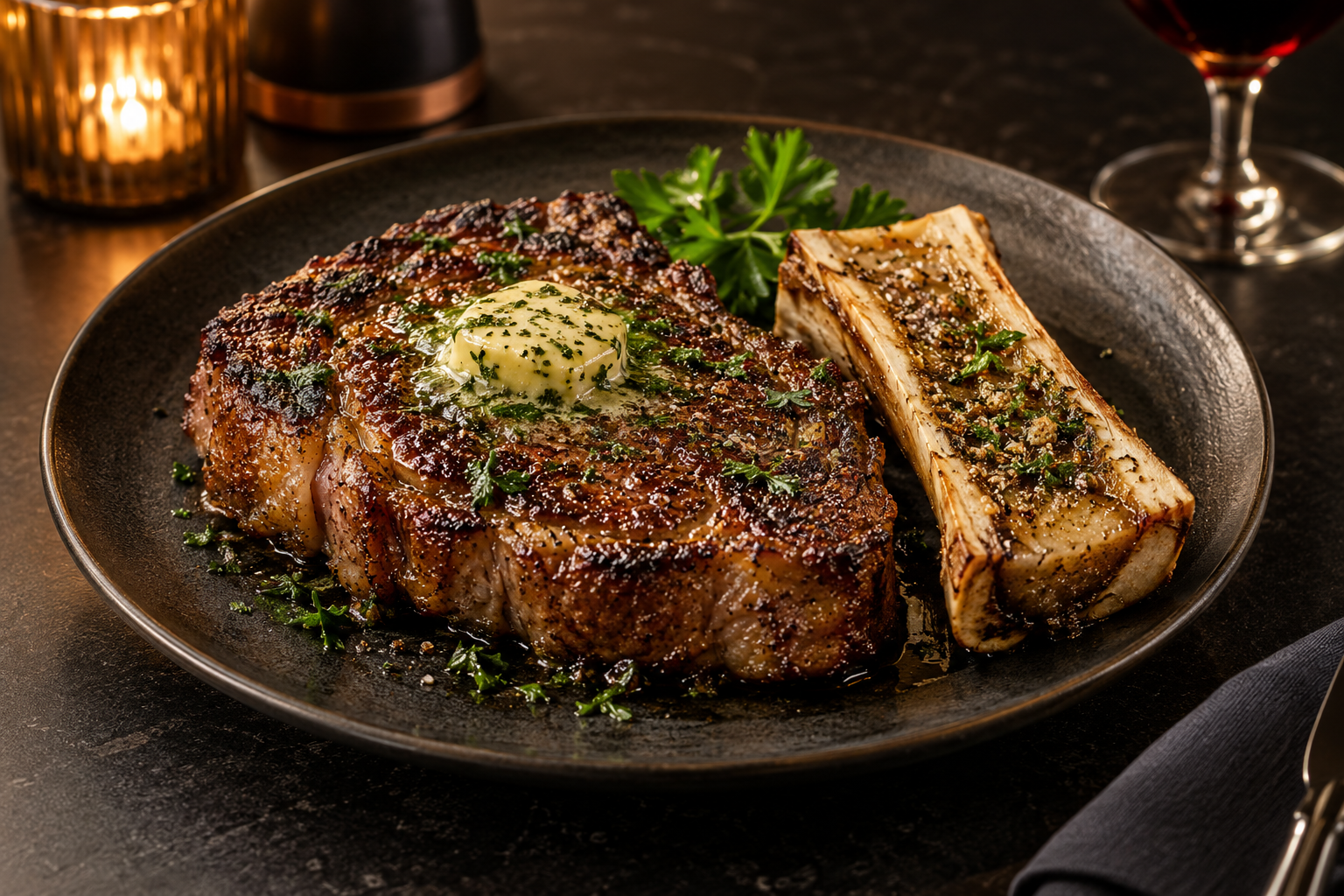Illustrative photograph of a seared ribeye with roasted bone marrow and herbs.