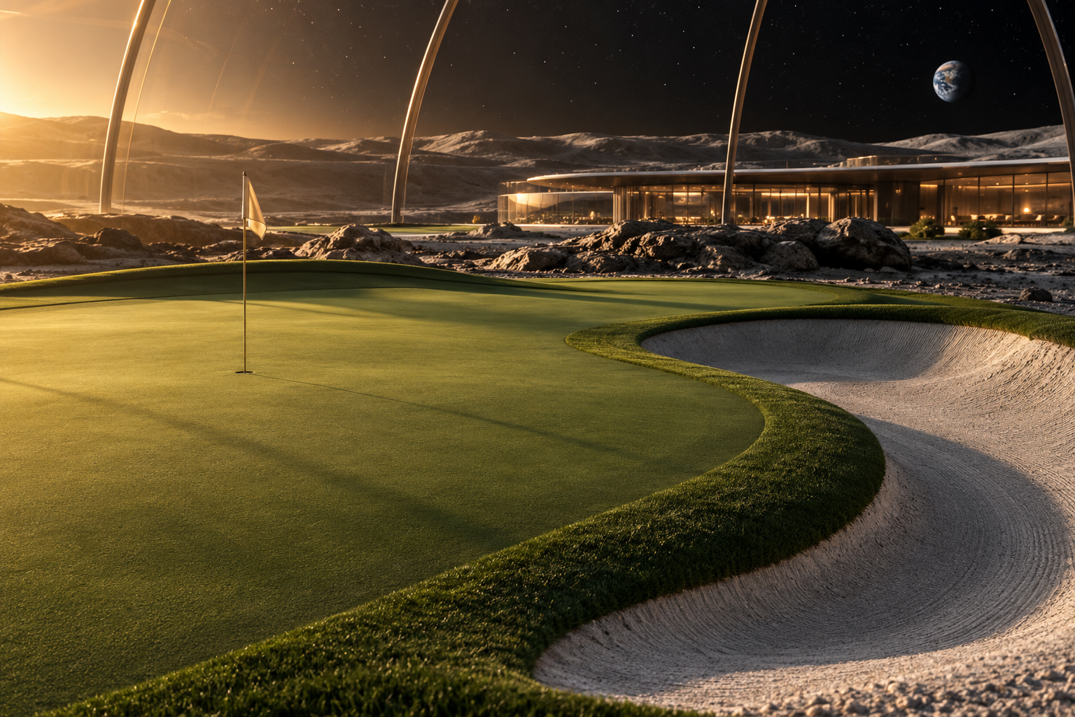 Concept artwork of a lunar putting green under a glass dome, with Earth beyond.