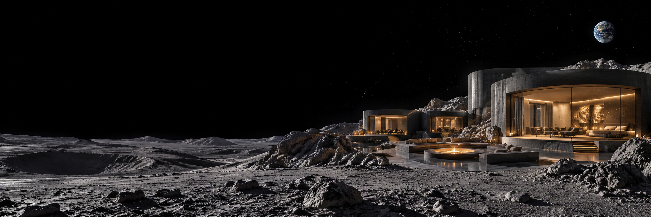 Concept artwork of a quiet lunar hotel, with warm windows looking out over the Moon.